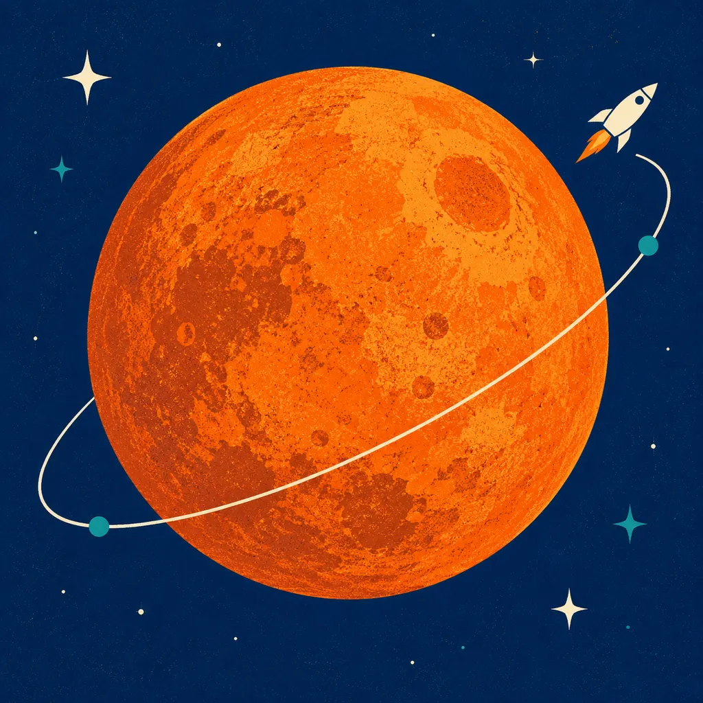 Original illustration of an orange planet and a cream rocket; open the play guide